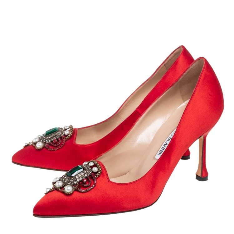 Pre Owned Manolo Blahnik Red Satin Eufrasia Pointed Toe Pumps Size 36.5