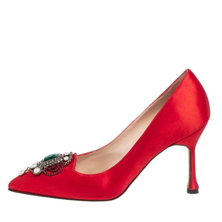 Pre Owned Manolo Blahnik Red Satin Eufrasia Pointed Toe Pumps Size 36.5