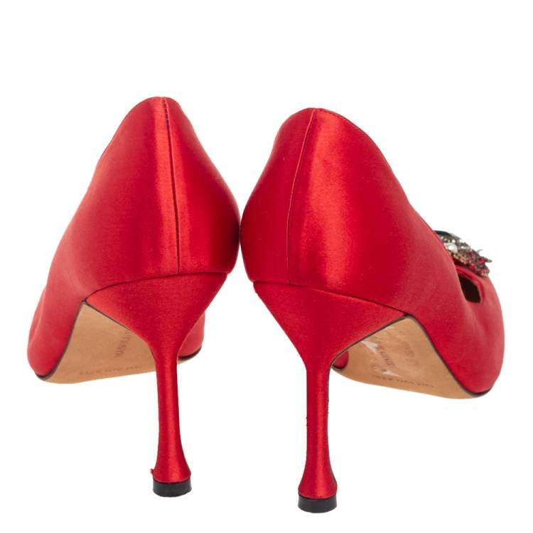 Pre Owned Manolo Blahnik Red Satin Eufrasia Pointed Toe Pumps Size 36.5
