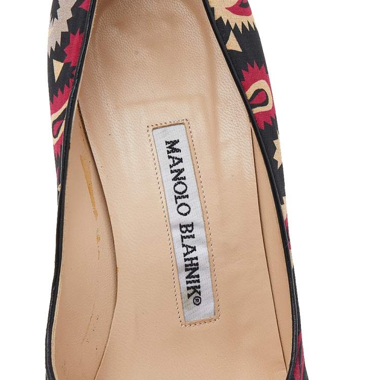 Pre Owned Manolo Blahnik Black Printed Canvas Peep Toe Pumps Size 38