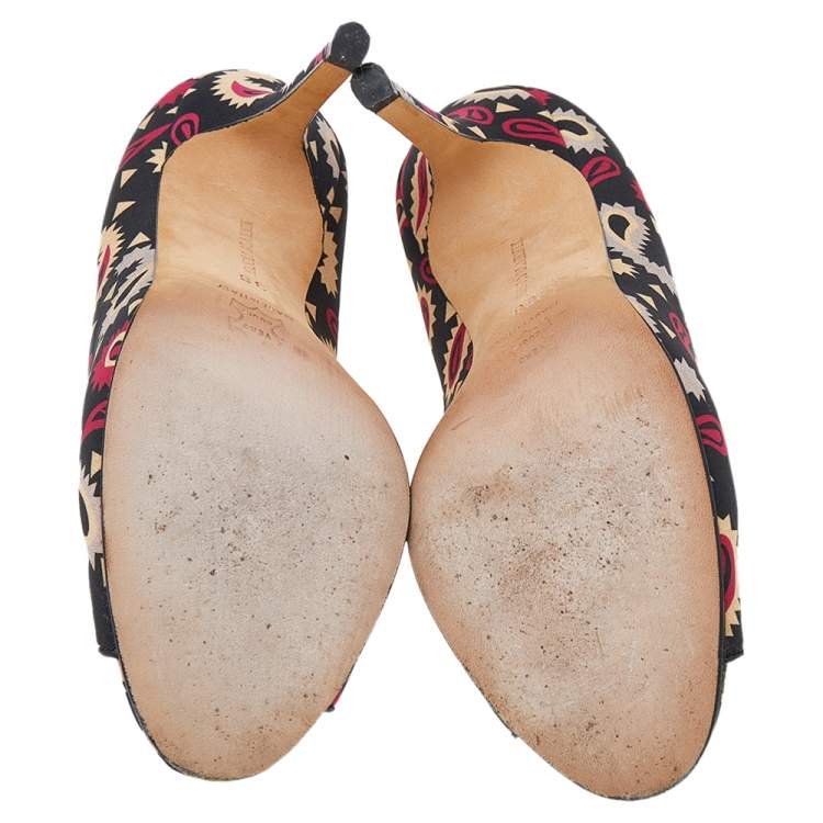 Pre Owned Manolo Blahnik Black Printed Canvas Peep Toe Pumps Size 38