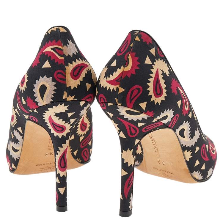 Pre Owned Manolo Blahnik Black Printed Canvas Peep Toe Pumps Size 38