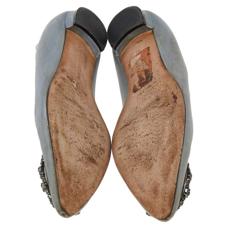 Pre Owned Manolo Blahnik Grey Satin Hangisi Ballet Flats Size 37