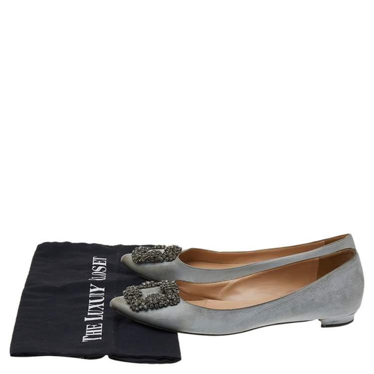 Pre Owned Manolo Blahnik Grey Satin Hangisi Ballet Flats Size 37