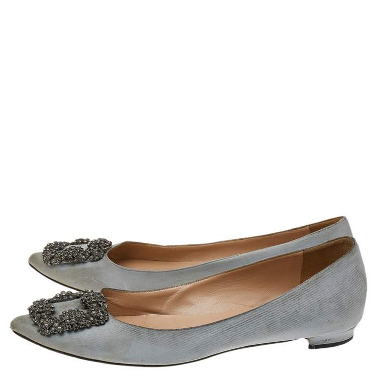 Pre Owned Manolo Blahnik Grey Satin Hangisi Ballet Flats Size 37