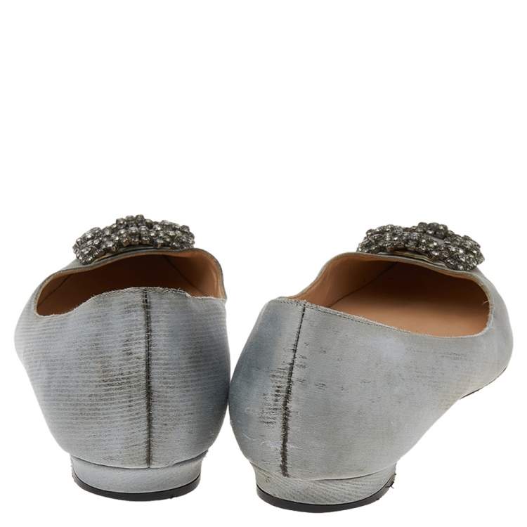Pre Owned Manolo Blahnik Grey Satin Hangisi Ballet Flats Size 37