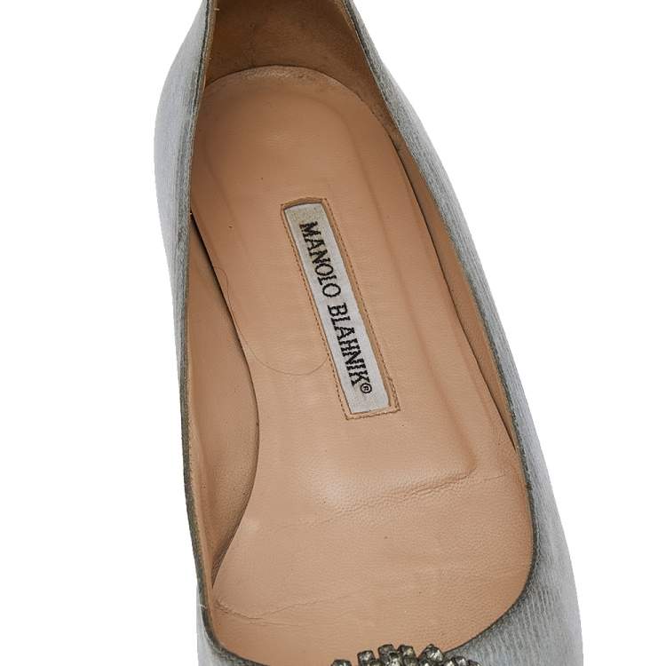 Pre Owned Manolo Blahnik Grey Satin Hangisi Ballet Flats Size 37