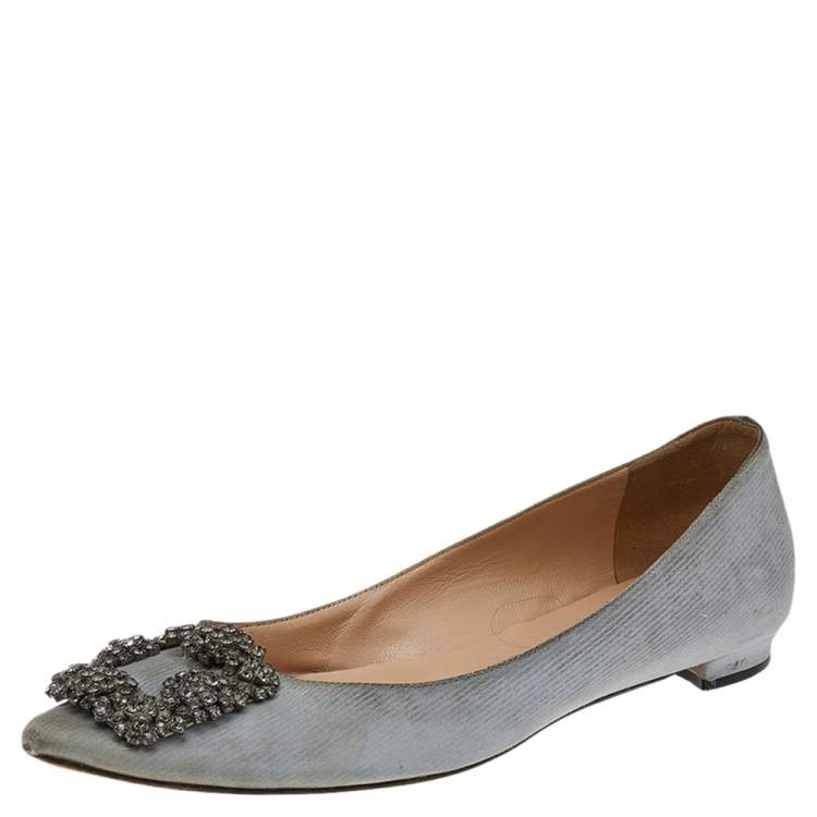 Pre Owned Manolo Blahnik Grey Satin Hangisi Ballet Flats Size 37