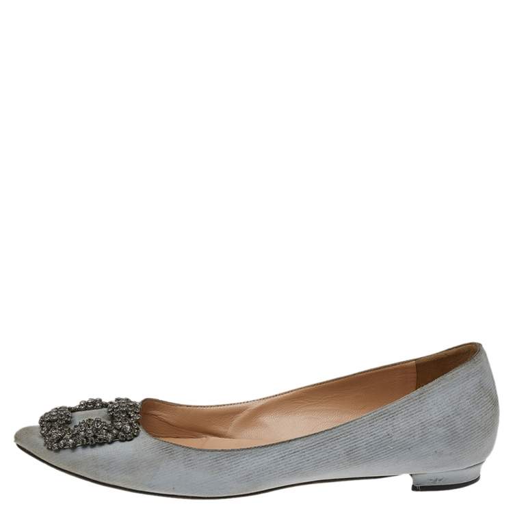 Pre Owned Manolo Blahnik Grey Satin Hangisi Ballet Flats Size 37