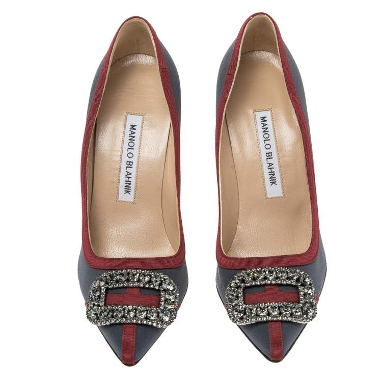 Pre Owned Manolo Blahnik Grey/Red Canvas And  Satin  Gotrian Pumps Size 36.5