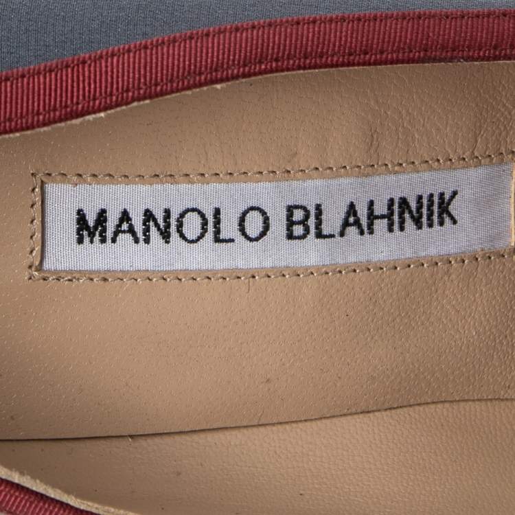 Pre Owned Manolo Blahnik Grey/Red Canvas And  Satin  Gotrian Pumps Size 36.5