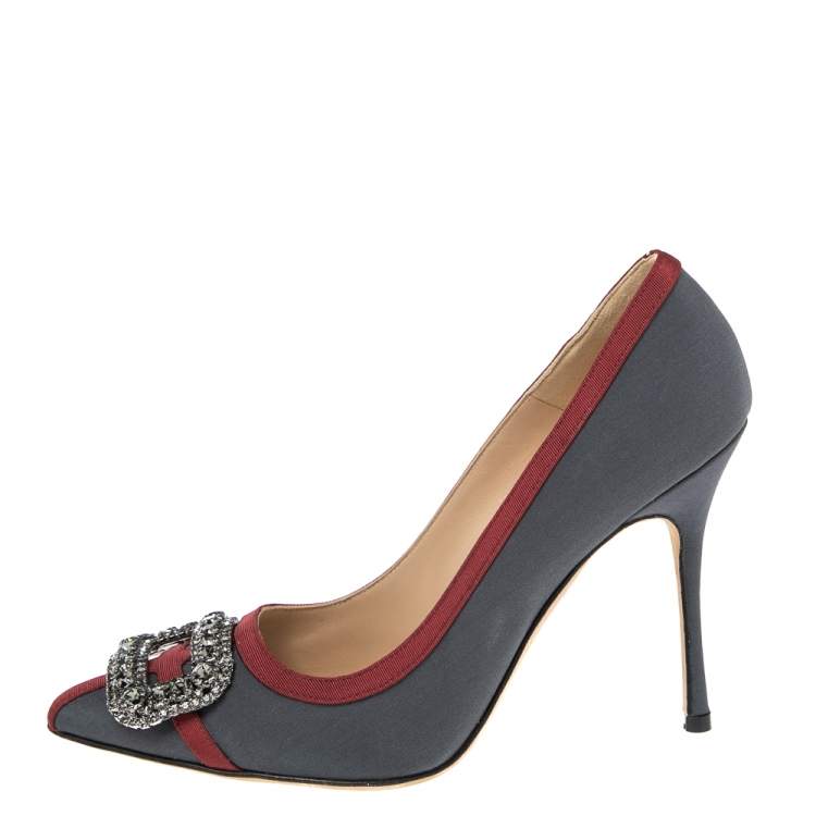 Pre Owned Manolo Blahnik Grey/Red Canvas And  Satin  Gotrian Pumps Size 36.5