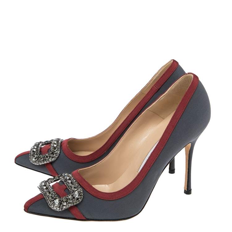 Pre Owned Manolo Blahnik Grey/Red Canvas And  Satin  Gotrian Pumps Size 36.5