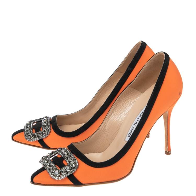 Pre Owned Manolo Blahnik Orange/Black Satin Gotrian Crystal Embellished Pumps Size 36.5