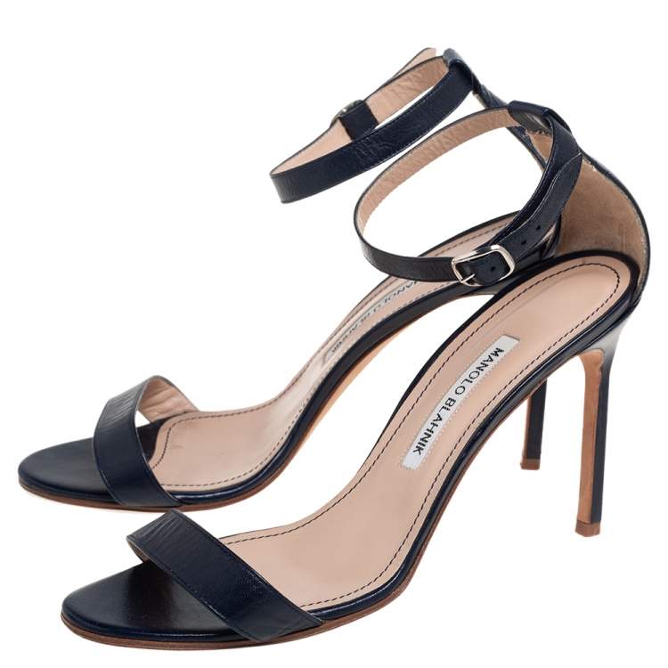 Pre Owned Manolo Blahnik Navy Blue Leather Chaos Ankle Strap Sandals Size 39