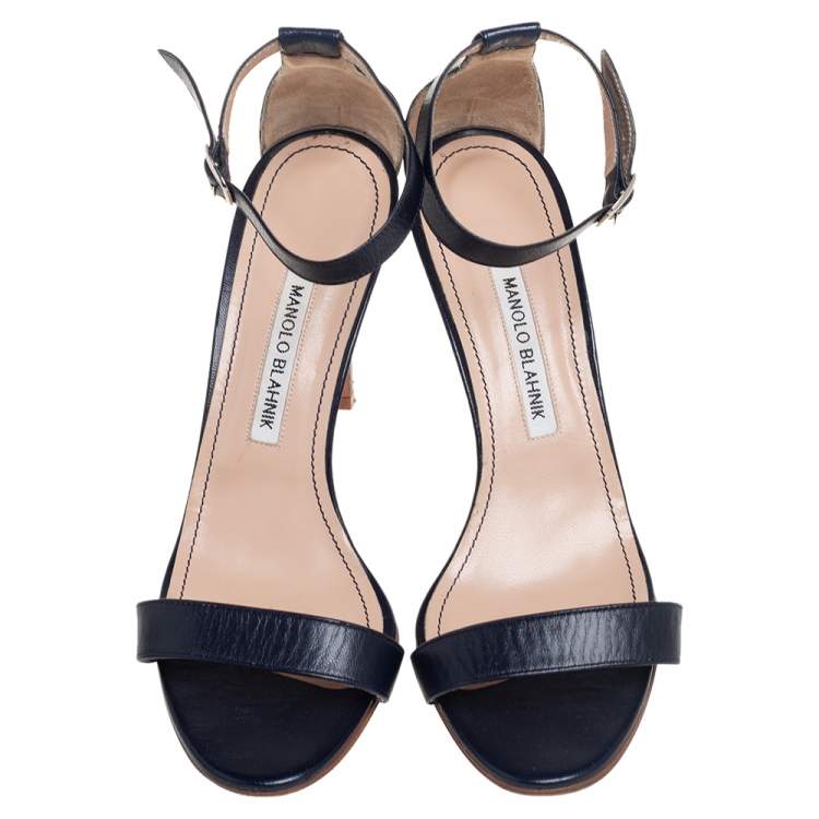 Pre Owned Manolo Blahnik Navy Blue Leather Chaos Ankle Strap Sandals Size 39