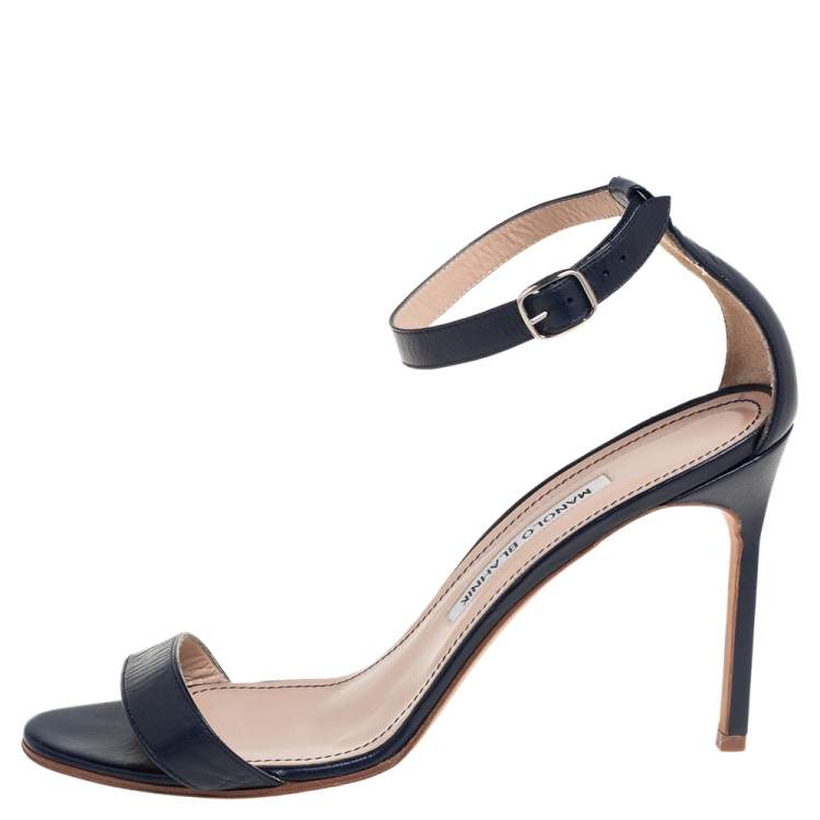 Pre Owned Manolo Blahnik Navy Blue Leather Chaos Ankle Strap Sandals Size 39