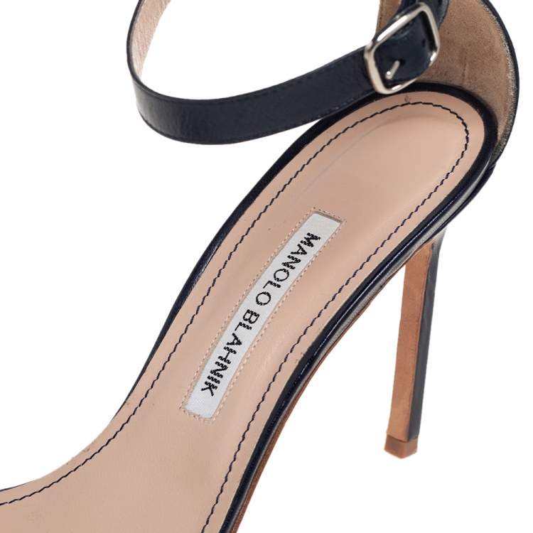 Pre Owned Manolo Blahnik Navy Blue Leather Chaos Ankle Strap Sandals Size 39
