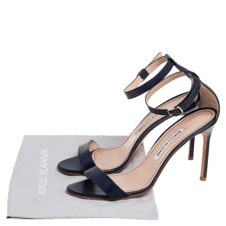 Pre Owned Manolo Blahnik Navy Blue Leather Chaos Ankle Strap Sandals Size 39
