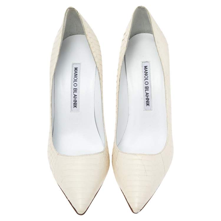 Pre Owned Manolo Blahnik White Python Leather BB Pointed Toe Pumps Size 36