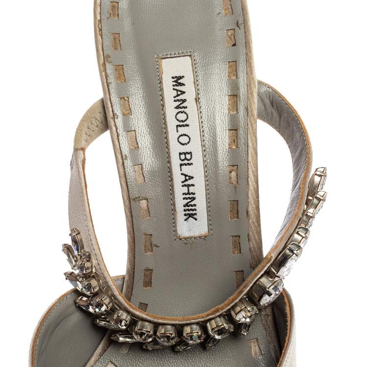 Pre Owned Manolo Blahnik Grey Satin Lurum Crystal Embellished Pointed Toe Sandals Size 41