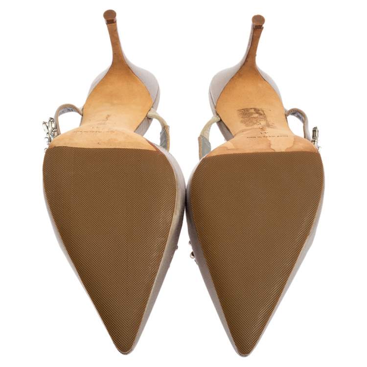 Pre Owned Manolo Blahnik Grey Satin Lurum Crystal Embellished Pointed Toe Sandals Size 41