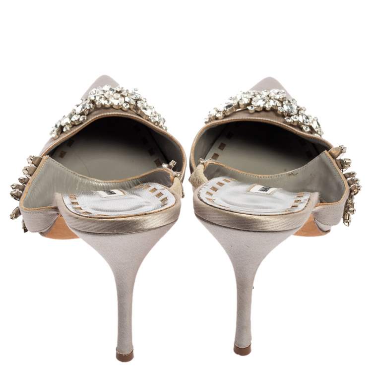 Pre Owned Manolo Blahnik Grey Satin Lurum Crystal Embellished Pointed Toe Sandals Size 41