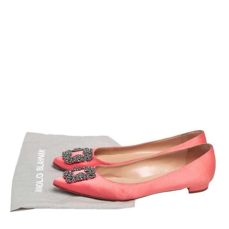 Pre Owned Manolo Blahnik Coral Pink Satin Hangisi Embellished Ballet Flats Size 39.5