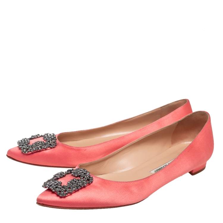 Pre Owned Manolo Blahnik Coral Pink Satin Hangisi Embellished Ballet Flats Size 39.5
