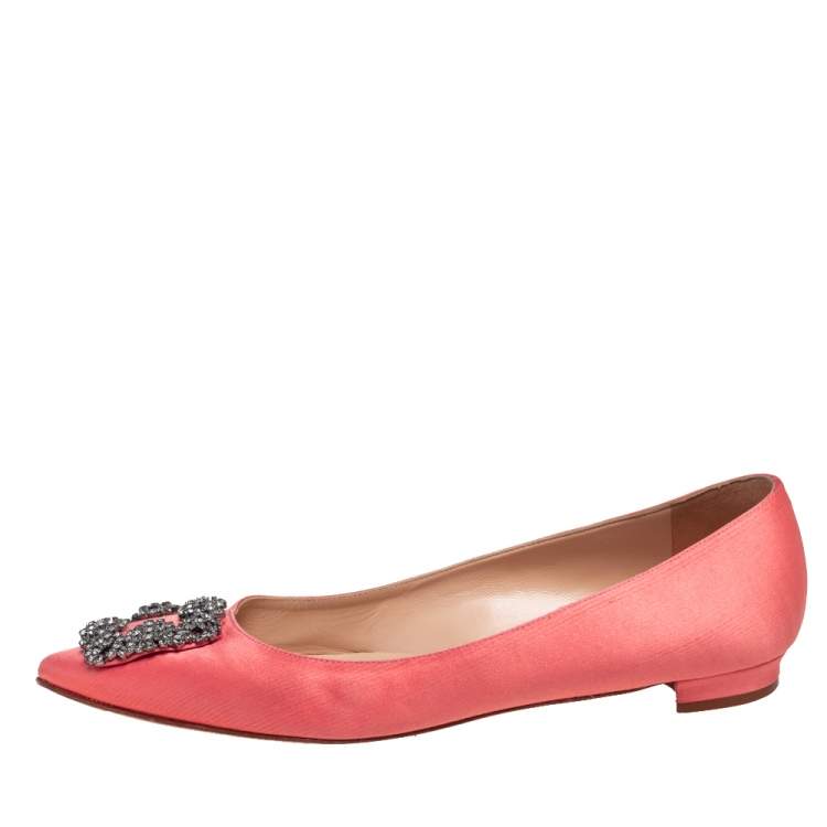 Pre Owned Manolo Blahnik Coral Pink Satin Hangisi Embellished Ballet Flats Size 39.5