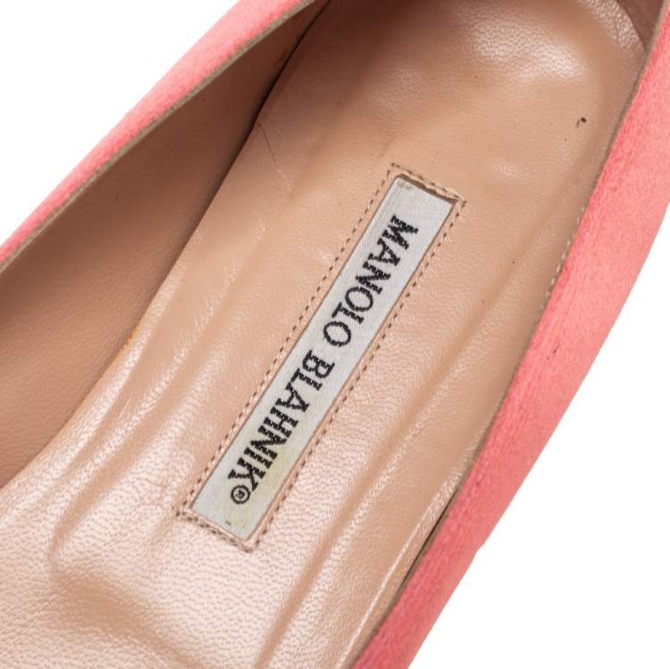 Pre Owned Manolo Blahnik Coral Pink Satin Hangisi Embellished Ballet Flats Size 39.5