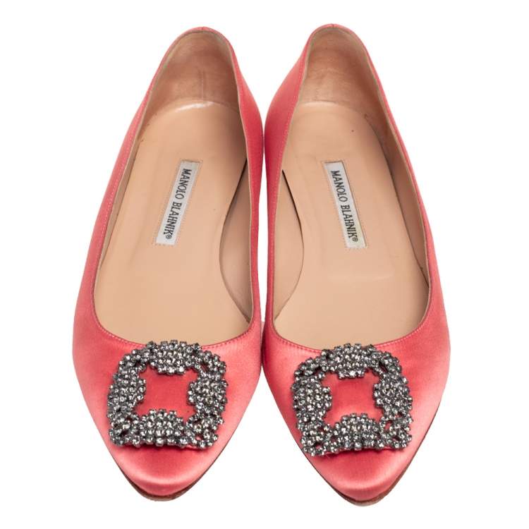 Pre Owned Manolo Blahnik Coral Pink Satin Hangisi Embellished Ballet Flats Size 39.5