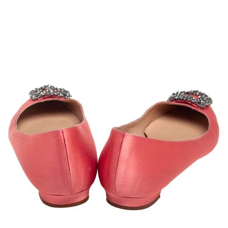 Pre Owned Manolo Blahnik Coral Pink Satin Hangisi Embellished Ballet Flats Size 39.5