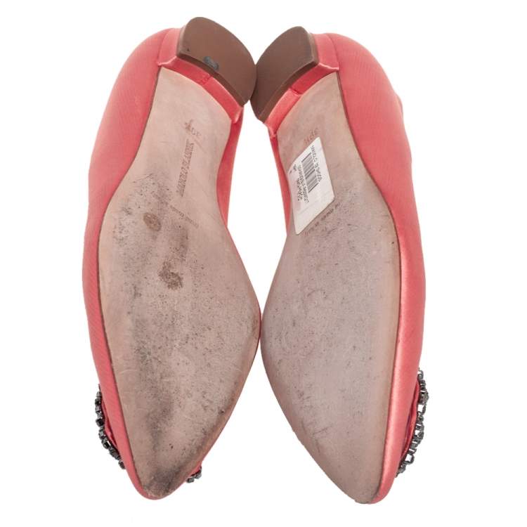 Pre Owned Manolo Blahnik Coral Pink Satin Hangisi Embellished Ballet Flats Size 39.5