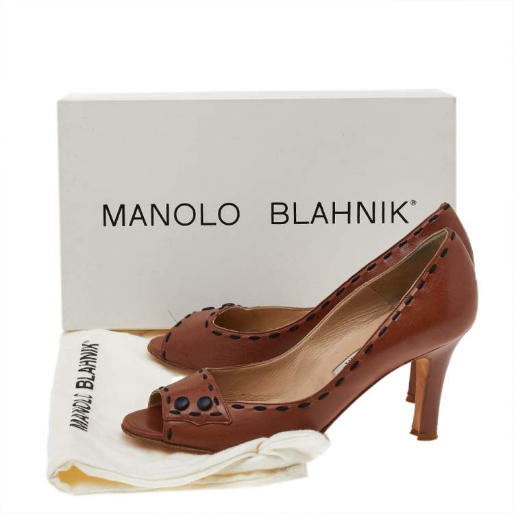 Pre Owned Manolo Blahnik Brown Leather Peep-Toe Pumps Size 37
