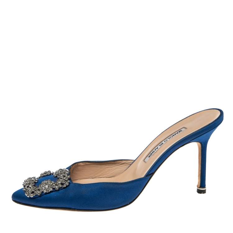 Manolo Blahnik Blue Satin Hangisi Pointed Toe Mules Size 38.5