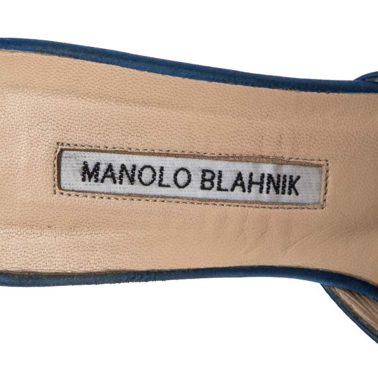 Pre Owned Manolo Blahnik Blue Satin Hangisi Pointed Toe Mules Size 38.5
