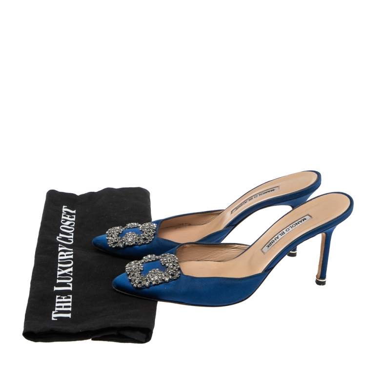 Pre Owned Manolo Blahnik Blue Satin Hangisi Pointed Toe Mules Size 38.5