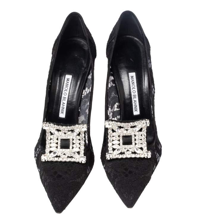 Pre Owned Manolo Blahnik Black Lace Borlak Pumps Size 39.5