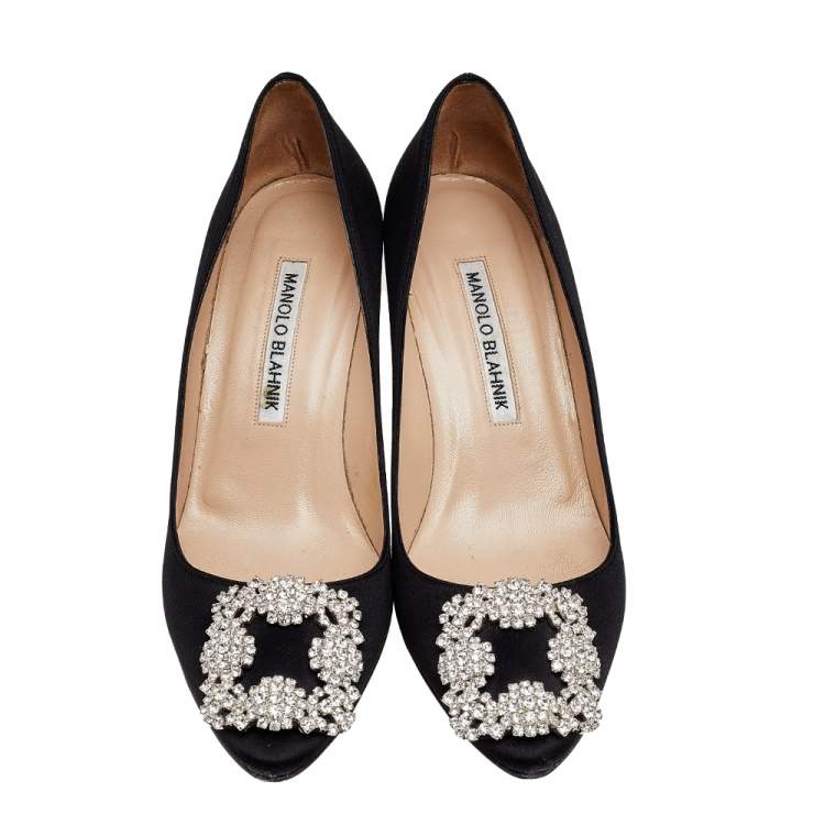 Pre Owned Manolo Blahnik Black Satin Hangisi Pumps Size 35.5