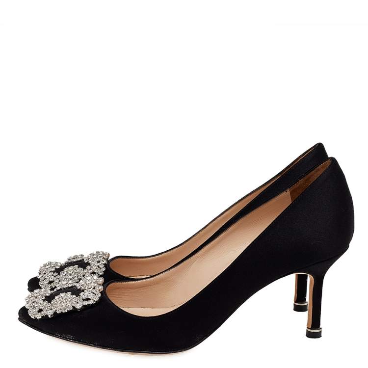 Pre Owned Manolo Blahnik Black Satin Hangisi Pumps Size 35.5