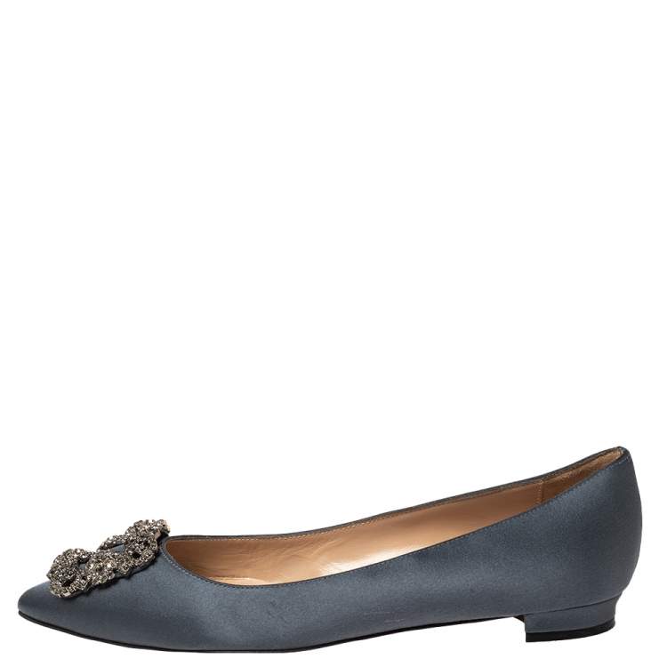 Pre Owned Manolo Blahnik Metallic Grey Satin Hangisi Ballet Flats Size 38
