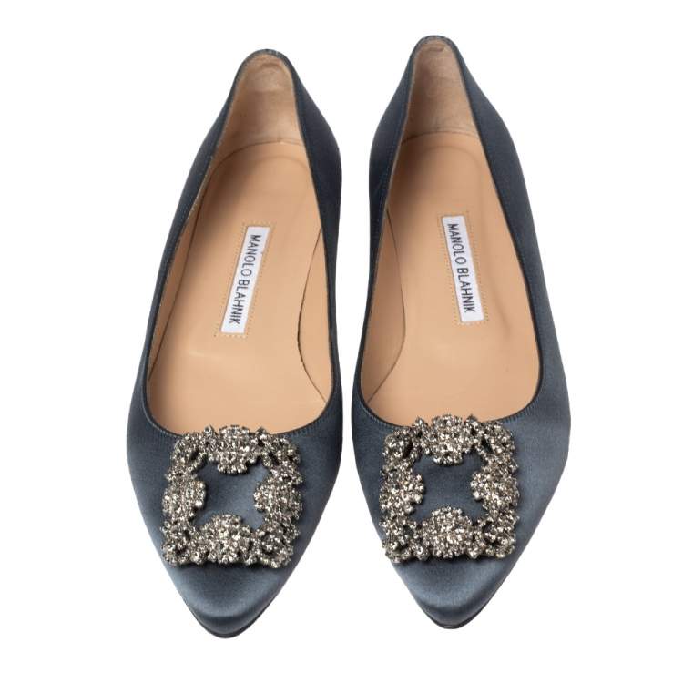 Pre Owned Manolo Blahnik Metallic Grey Satin Hangisi Ballet Flats Size 38