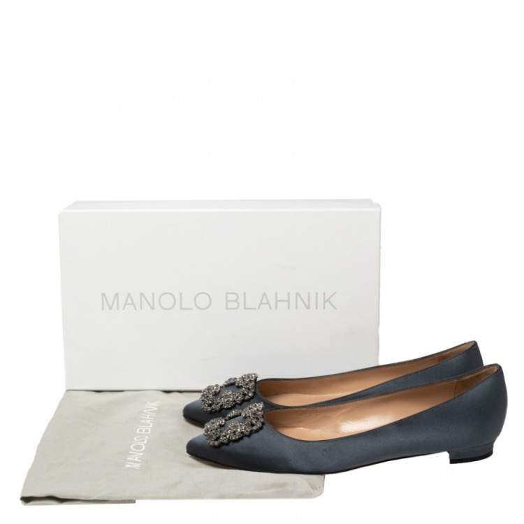 Pre Owned Manolo Blahnik Metallic Grey Satin Hangisi Ballet Flats Size 38
