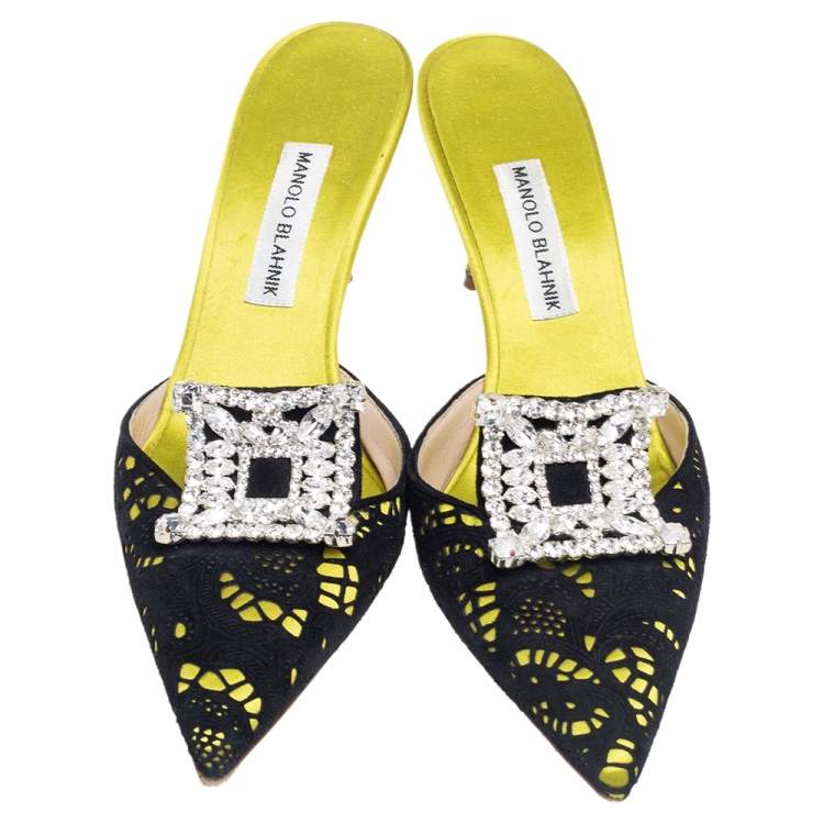 Pre Owned Manolo Blahnik Black-Green Satin And Laser-Cut Suede Borli Crystal Embellished Mules Size 41