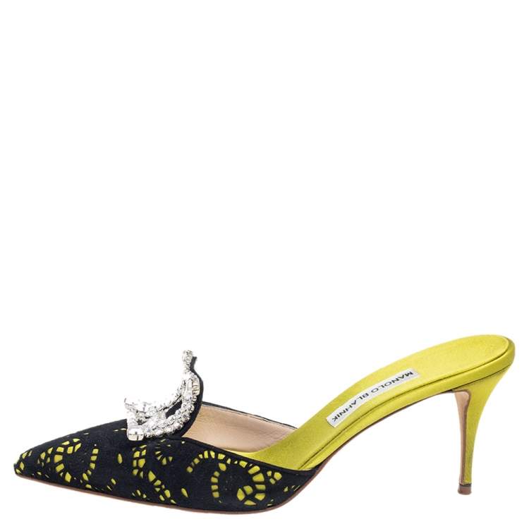 Pre Owned Manolo Blahnik Black-Green Satin And Laser-Cut Suede Borli Crystal Embellished Mules Size 41