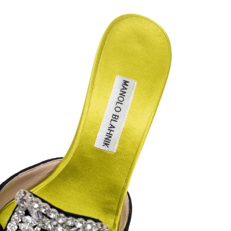 Pre Owned Manolo Blahnik Black-Green Satin And Laser-Cut Suede Borli Crystal Embellished Mules Size 41