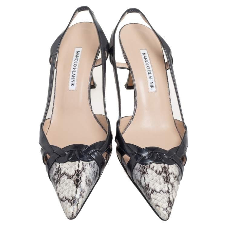 Pre Owned Manolo Blahnik Dark Grey, Beige Patent Leather And Python Leather Pointed Toe Slingback Sandals Size 40 
