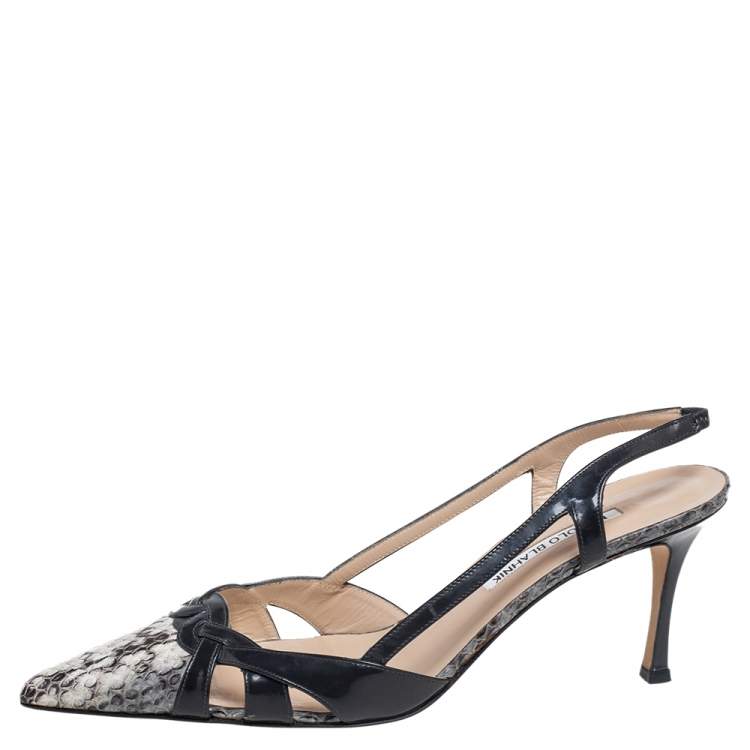 Pre Owned Manolo Blahnik Dark Grey, Beige Patent Leather And Python Leather Pointed Toe Slingback Sandals Size 40 