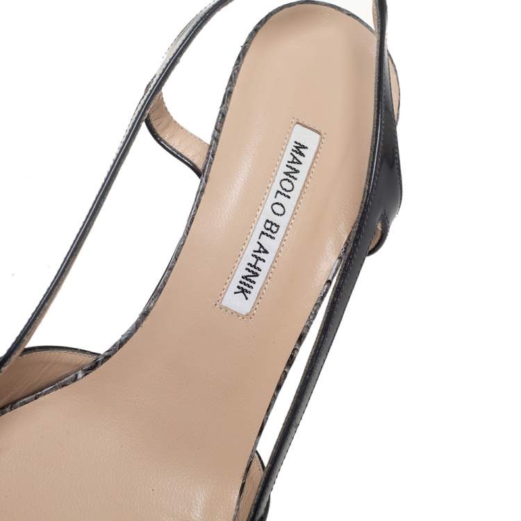 Pre Owned Manolo Blahnik Dark Grey, Beige Patent Leather And Python Leather Pointed Toe Slingback Sandals Size 40 